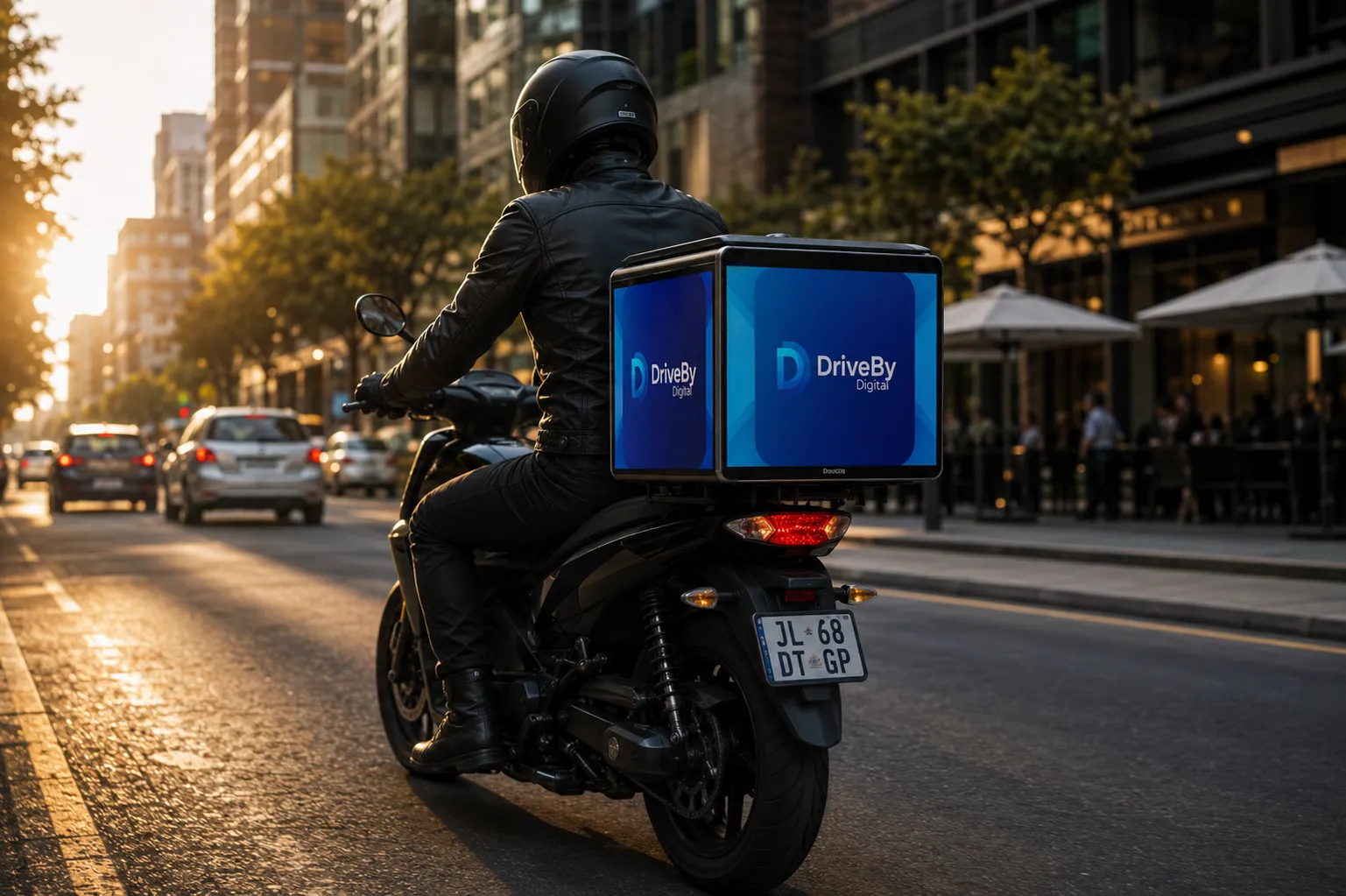 Mobile digital campaign moving through the pre-dawn city.