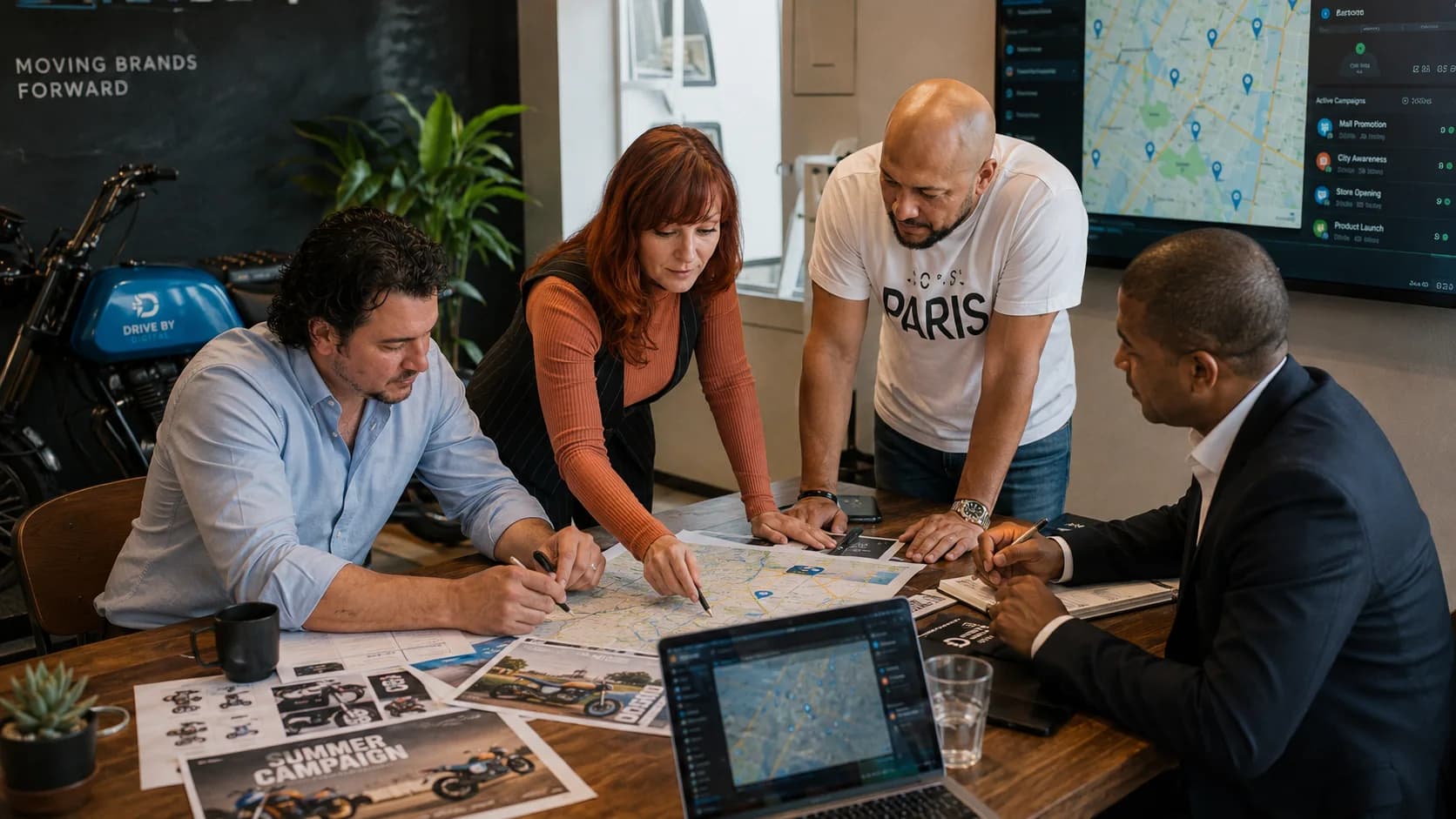 Bright collaborative workspace with route layouts and team members planning campaign logistics