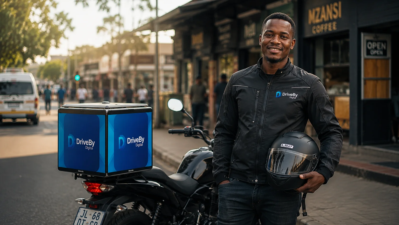 Portrait of a professional DriveBy Digital rider standing next to their vehicle display